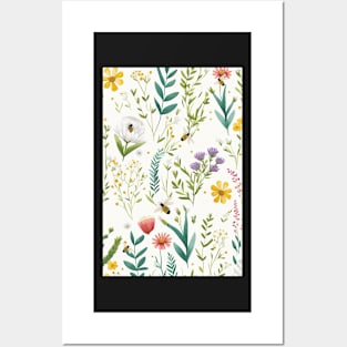 Floral Garden Botanical Print with Wild Flowers and Bees Posters and Art